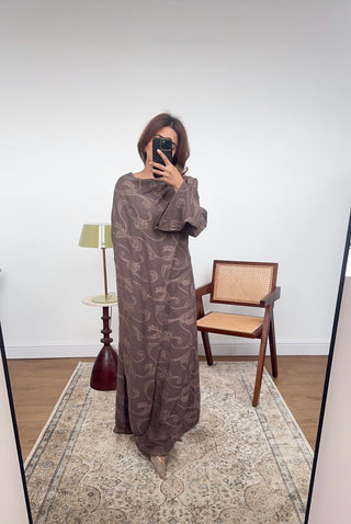 Taupe drape scarf printed dress- lana - Fash Focused