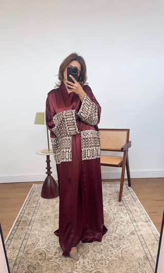 Burgandy embroidered two piece abaya set- mina - Fash Focused