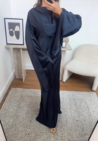navy long flare sleeve fishtail dress- dion - Fash Focused