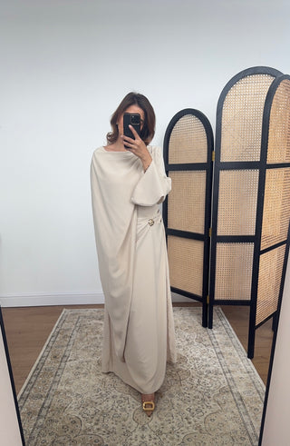 Beige dress with drape scarf- zaria - Fash Focused