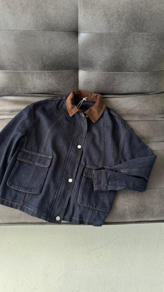 Navy denim jacket with corduroy - Kaya - Fash Focused