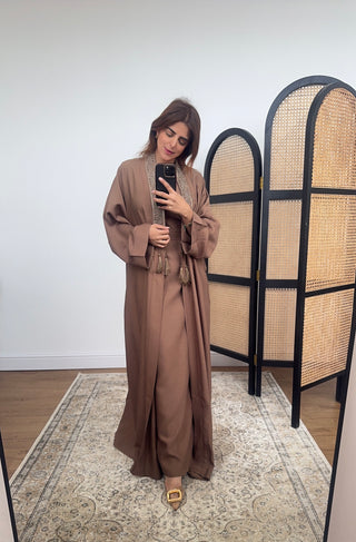 Brown two piece abaya with embellished details- deema - Fash Focused