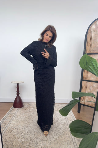 Black fully lined lace ruched dress- alana