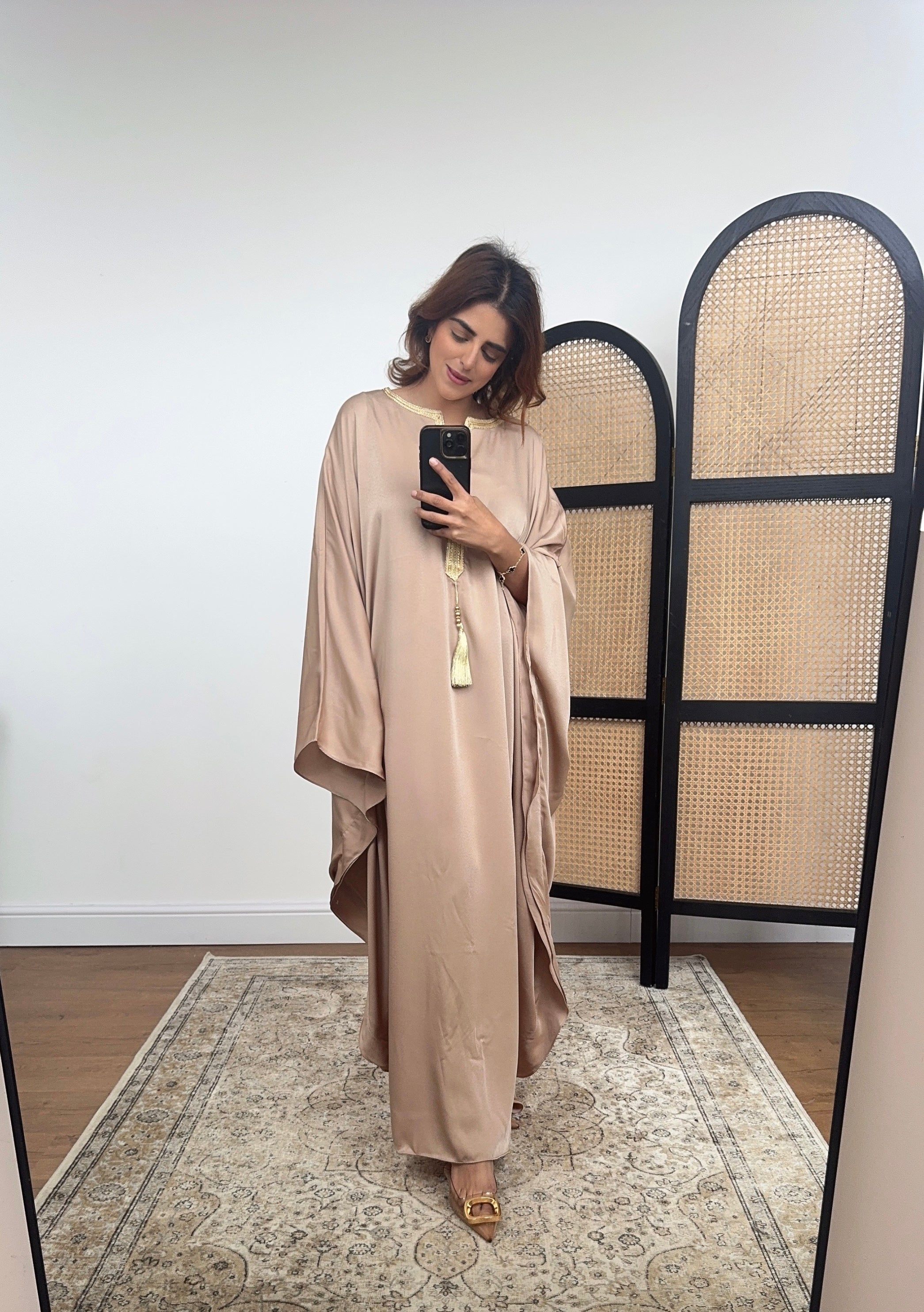Beige kaftan dress with gold tassel- caia Beige kaftan dress with gold tassel- caia