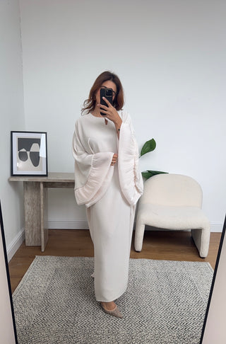 Cream frill kaftan dress with inner tie belt- amina - Fash Focused