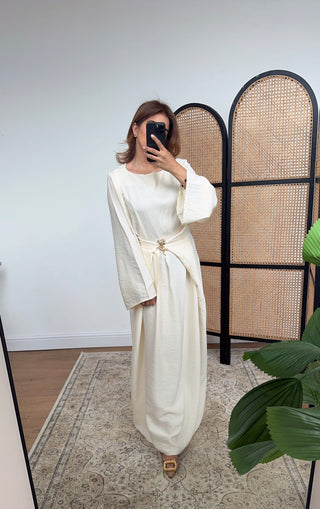 Ivory dress with gold brooch- gia - Fash Focused