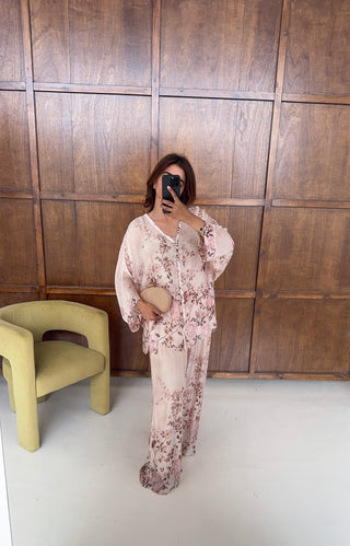 Cream floral chiffon silk coord- Neva