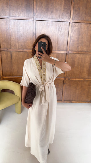 Cream embroidered tie waist dress- nerja
