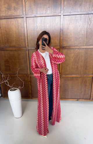 Pink Zigzag crochet kimono with belt- sahi - Fash Focused