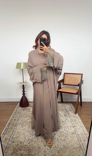 Taupe lace detail kimono two piece - amani - Fash Focused