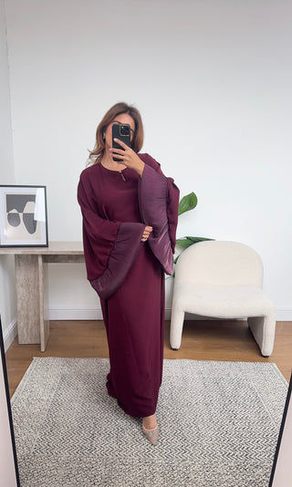 Burgandy frill kaftan dress with inner tie belt- amina - Fash Focused