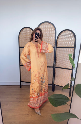 Coral vine embroidered kaftan