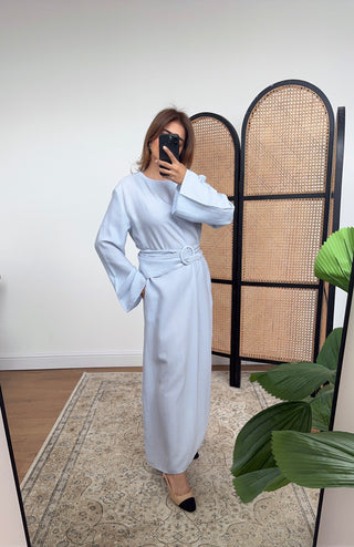 Powder blue linen mix dress with belt- naria - Fash Focused