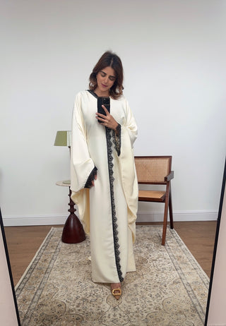 Ivory/ black butterfly lace detail kaftan- vela - Fash Focused