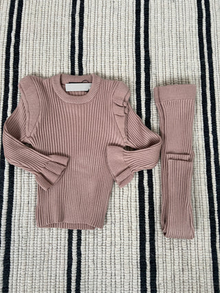 Girls knit rib lounge coord in nude pink
