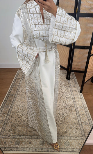 White embellished dress with a belt - zahra - Fash Focused