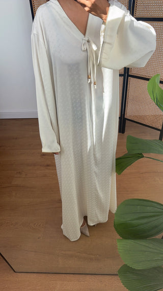 Ivory satin check long sleeve dress