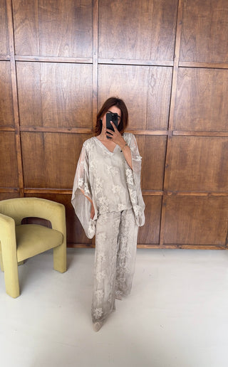 Cream embroidered chiffon silk coord- laya