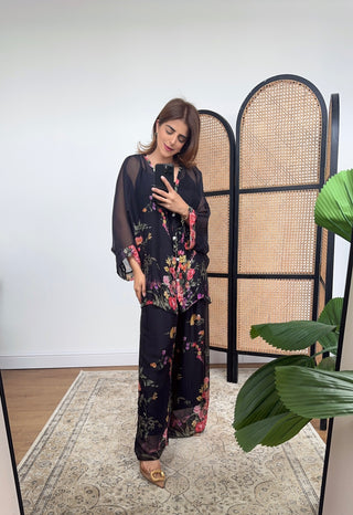 Black floral chiffon silk coord- Nita - Fash Focused
