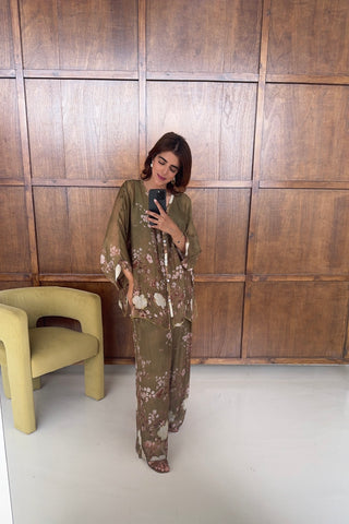 Olive floral chiffon silk coord- Neva