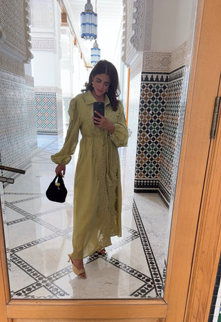 pistachio green lace detail dress- sirma - Fash Focused