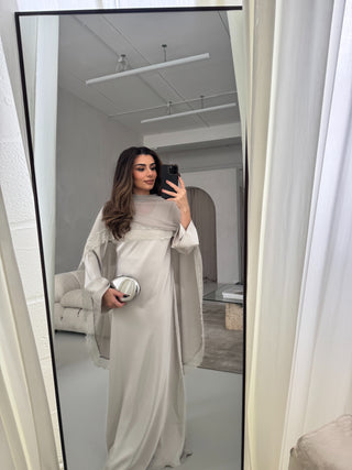 Grey satin dress with detachable lace cape- elisa - Fash Focused