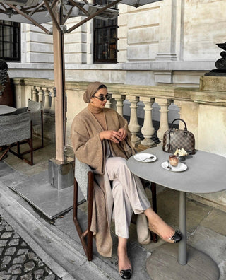 Aya Kimono Coatigan Camel open-front design for autumn winter layering. 