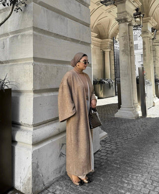 Aya Kimono Coatigan Camel open-front design for autumn winter layering.