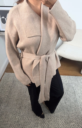 Beige shawl collar cardigan with belt- fana - Fash Focused