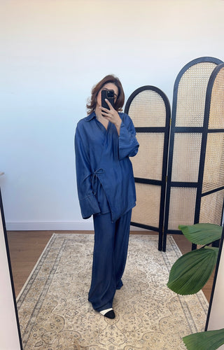Navy collar denim look wrap over coord- liliana - Fash Focused