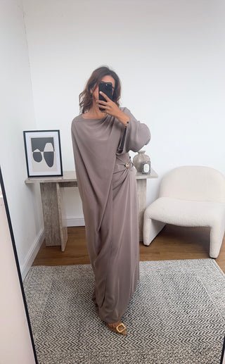 taupe dress with drape scarf- zaria - Fash Focused