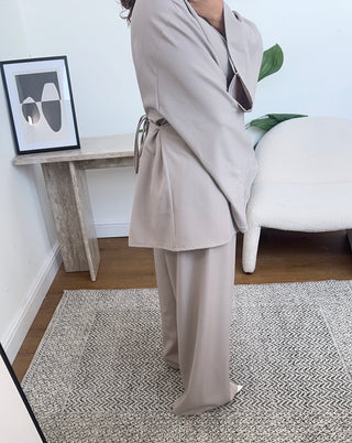 Taupe pearl button and wide trouser set- manai