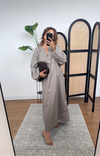 Taupe puffed long sleeve dress  - River - Fash Focused