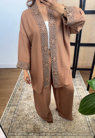 Tan crochet kimono coord - abia - Fash Focused