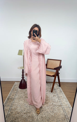 Pink lace detail kimono two piece - aliyah - Fash Focused