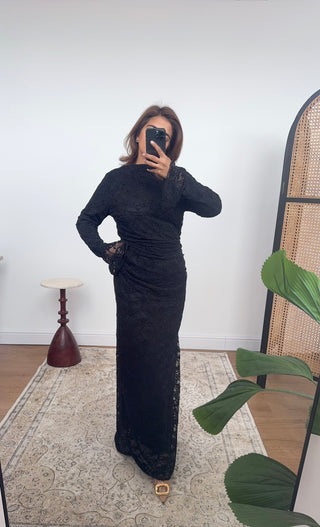 Black fully lined lace ruched dress- alana