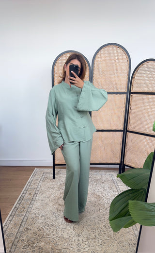 Olive pearl button and wide trouser set- vana