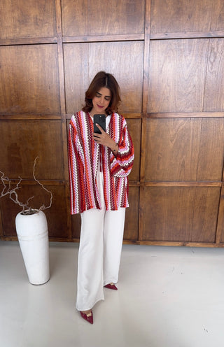 Pink Zigzag crochet kimono with tie- azura - Fash Focused