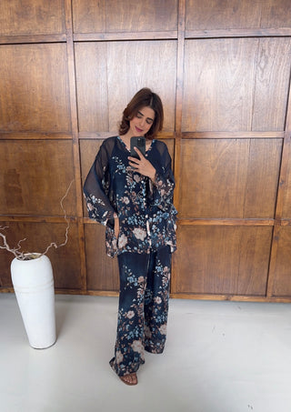 Navy floral chiffon silk coord- Neva - Fash Focused