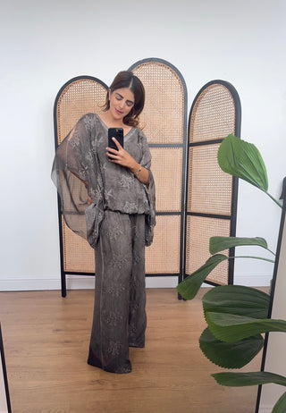 Charcoal embroidered chiffon silk coord- laya