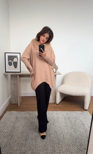 Camel jumper with faux fur collar - ana - Fash Focused
