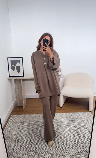 taupe coord with gold buttons- julia - Fash Focused