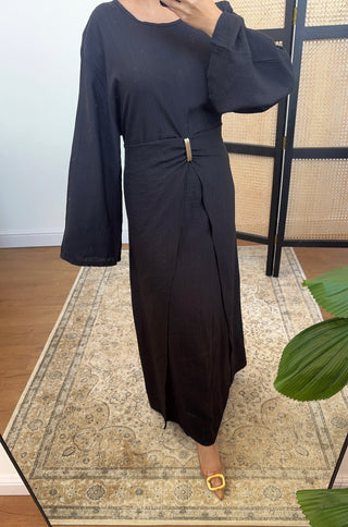 Black flowing buckle detail dress- saia - Fash Focused