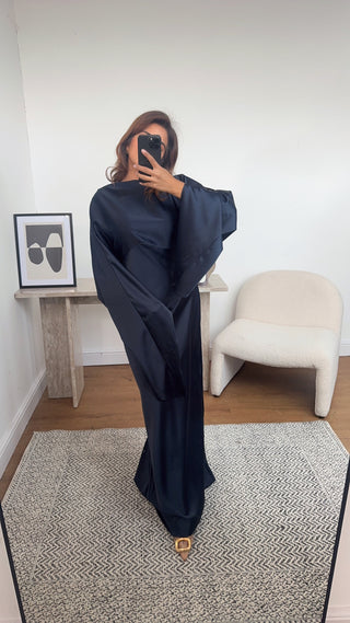 navy long flare sleeve fishtail dress- dion - Fash Focused