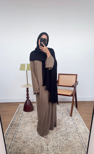 camel plain jersey high neck abaya