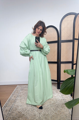 Pistachio Long sleeve cotton pleated dress- nira - Fash Focused