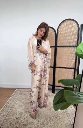 Cream floral chiffon silk coord- Nita - Fash Focused