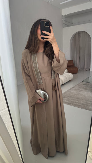 Taupe two piece abaya with embellished details- deema - Fash Focused