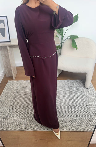 Plum waist pearl dress with back tie - nena