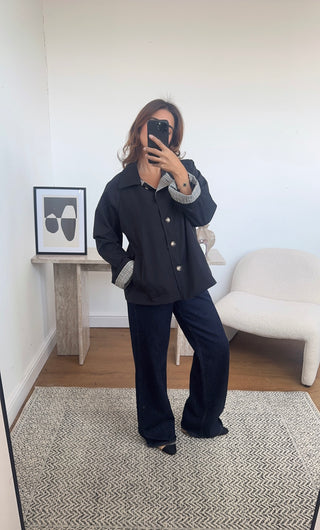 Black trench jacket with checkered sleeve- oian